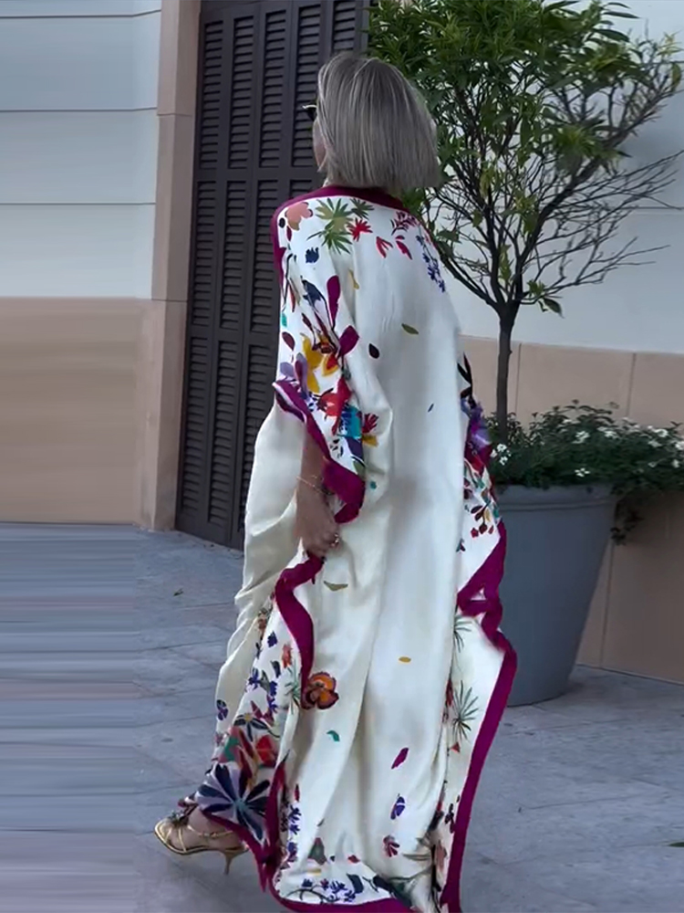 Robes longues imprimées élégantes pour femmes, style bohème, col rond, manches chauve-souris, kaftan musulman, robes amples pour femme, été automne 2026
