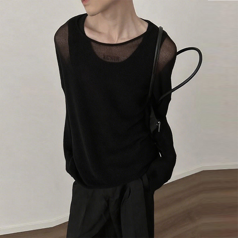 Nouvelle mode américaine hommes T-shirt Sexy transparent col rond à manches longues hauts loisirs KH évider couleur unie pulls S-2XL