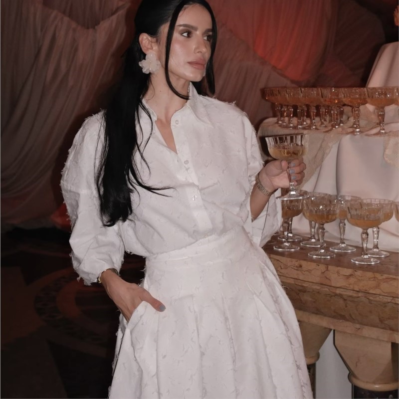 Femmes Design de mode gland Blouse jupe costume élégant blanc revers à manches longues chemise ample a-ligne plissée jupe Midi ensemble assorti
