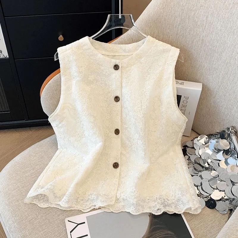 Veste gilet femme 2025 printemps automne Jacquard col rond dame vêtements d'extérieur dentelle simple boutonnage Cardigan dames gilet manteau