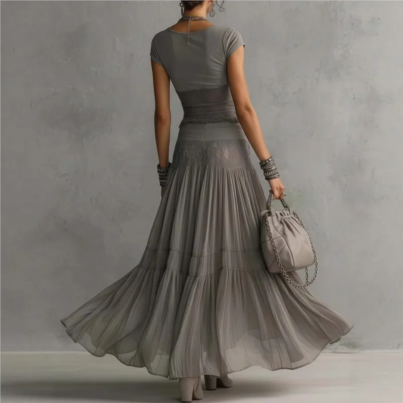 Ensemble chic 2 pièces pour femme : haut uni à manches courtes coupe ajustée avec empiècements en dentelle et jupe taille haute élastique à cordon de serrage