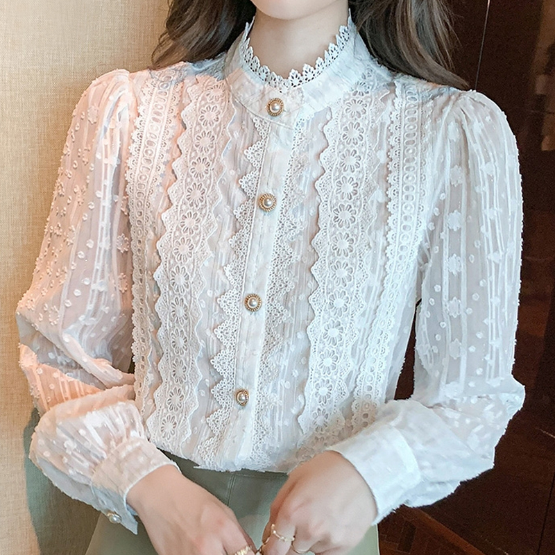 Automne femmes blanc dentelle Blouse chemise haut pour femme à manches longues Blouse femmes Blusas Mujer De Moda 2024 Blouses Femme chemises E382