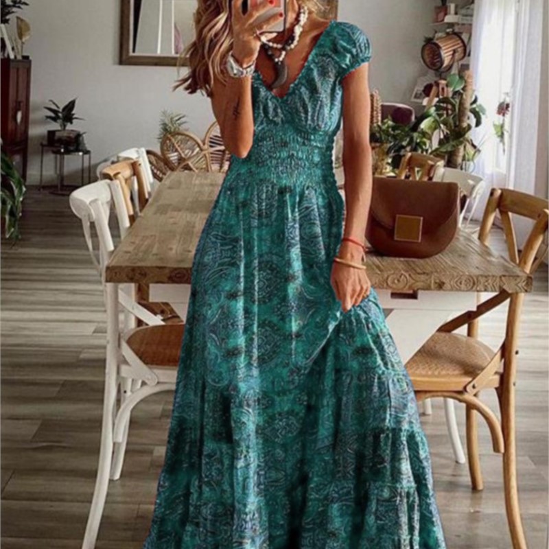 Robe d'été imprimée de Style ethnique pour femmes, manches courtes, taille, à la mode, manches pétales florales, grand ourlet, robe trapèze