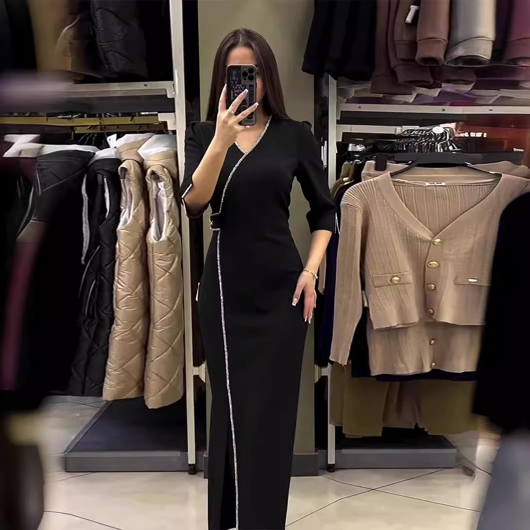 Robes longues pour femmes, été, élégantes, style Y2k, sexy, col en V, ornées de strass, coupe ajustée, fente, manches trois-quarts, robe longue été 2026