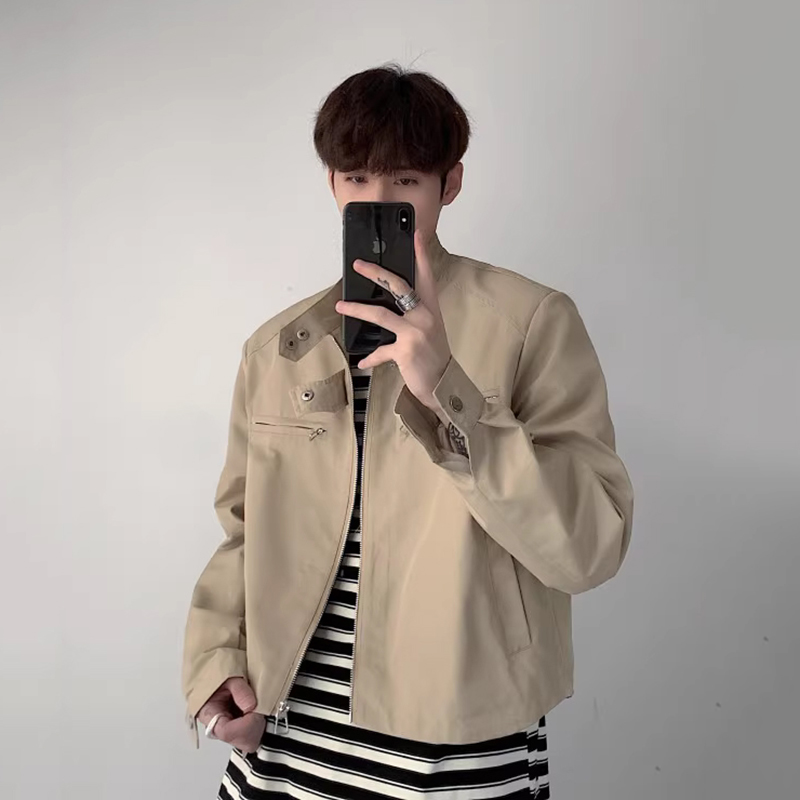 Veste pour homme, veste de moto rétro, style coréen tendance, veste courte marron vintage printemps automne, veste d'extérieur de style streetwear