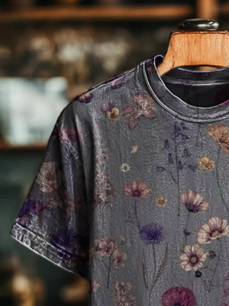 T-shirt décontracté pour homme à imprimé floral vintage, manches courtes, chic, rétro, pour le bureau, vêtements masculins, tunique ample pour les vacances, streetwear