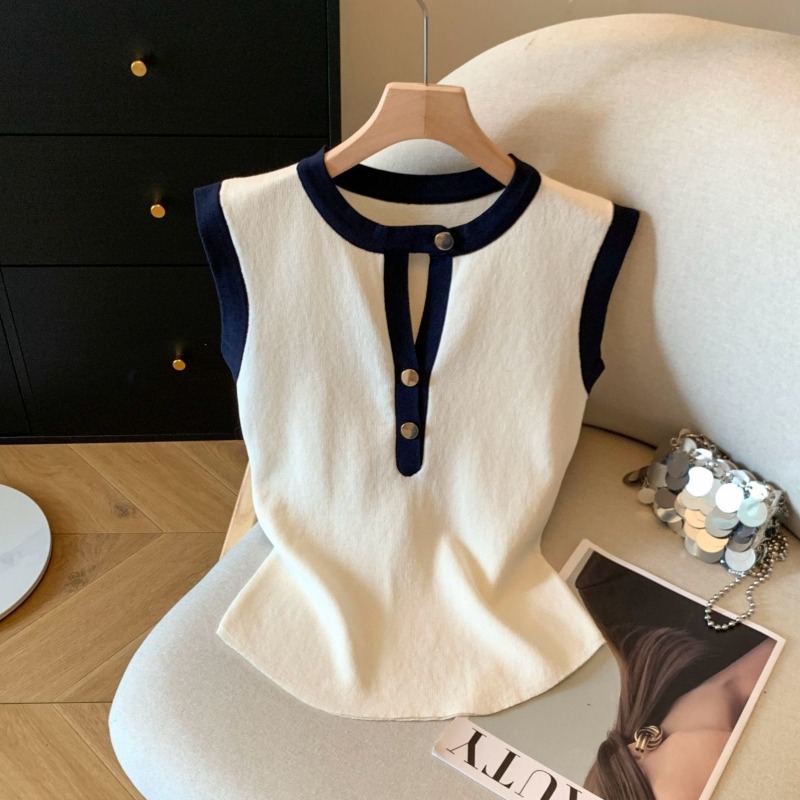 T-shirt sans manches élégant pour femme, col rond boutonné, tricot colorblock, débardeur d'été élastique pour le quotidien