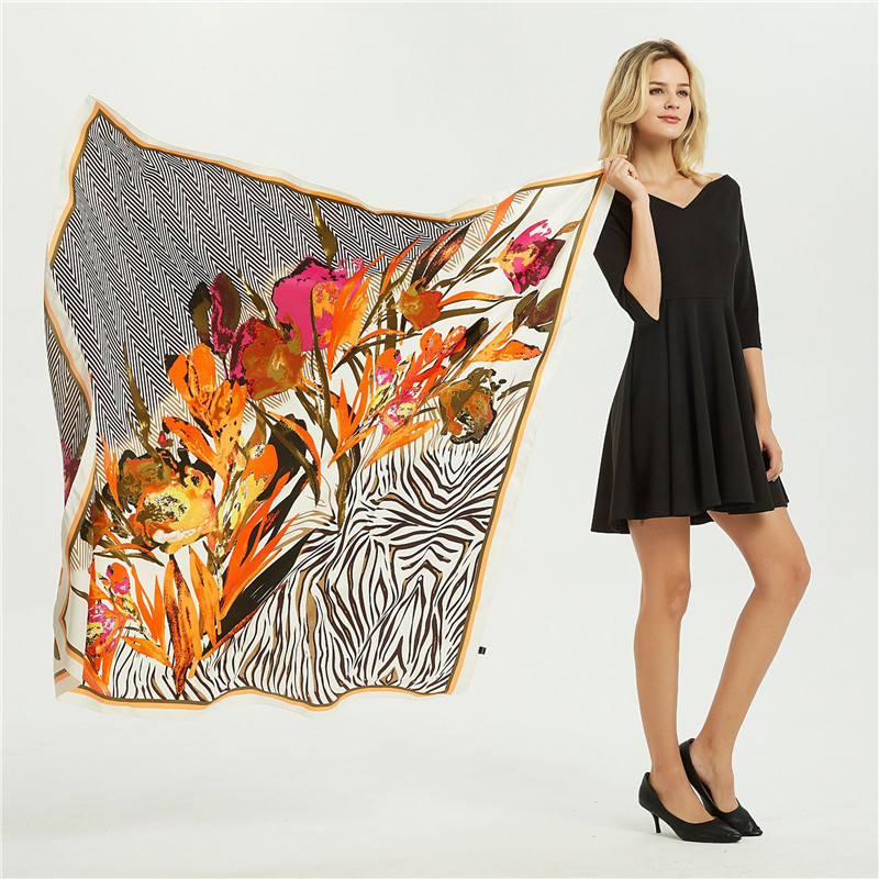 POBING-Foulard carré sergé imprimé fleurs pour femme, grand bandana, foulard de luxe, hijab