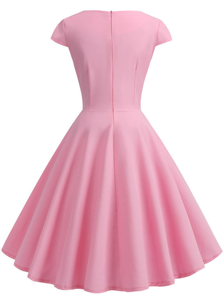Robe d'été rose pour femmes, col en V, Vintage, élégante, rétro, pin up, fête, bureau, robes mi-longues