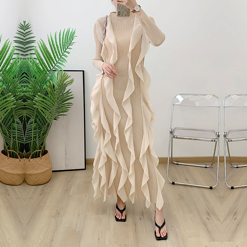 Robe plissée Miyake 2026 à col roulé en dentelle, plissée épaisse, manches longues, décontractée, élégante, de créateur, vêtements vintage
