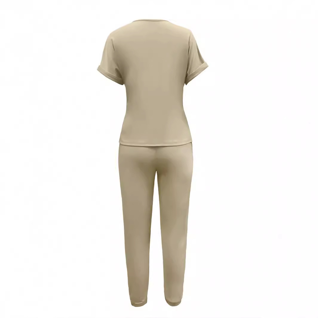 Ensemble deux pièces de sport pour femmes, mode d'été, confortable, décontracté, couleur unie, col rond, haut à manches courtes et pantalon élastique