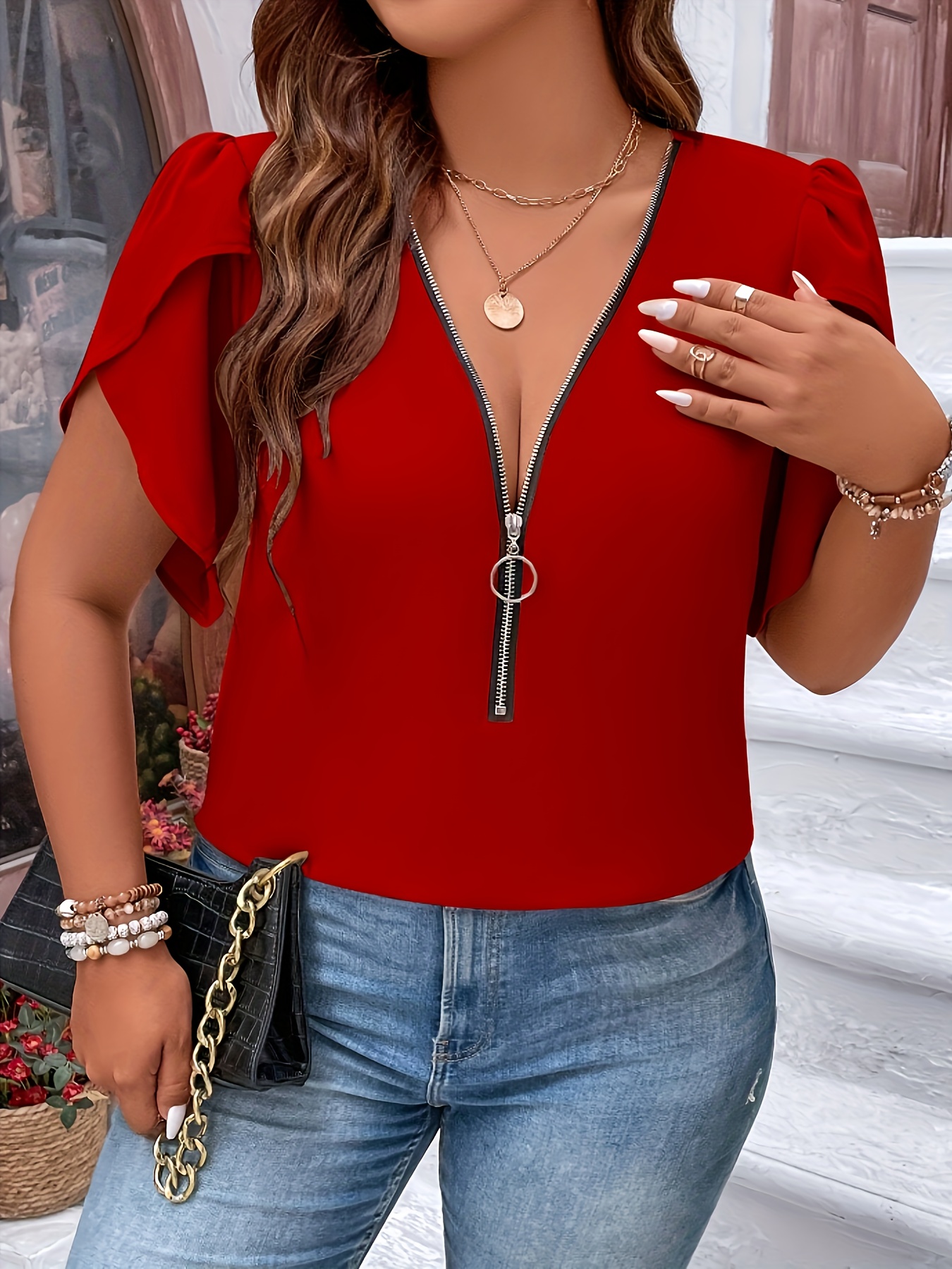 Grande taille été femmes élégant fermeture éclair en mousseline de soie Blouses chemise décontracté bureau dame solide hauts col en V femme vêtements