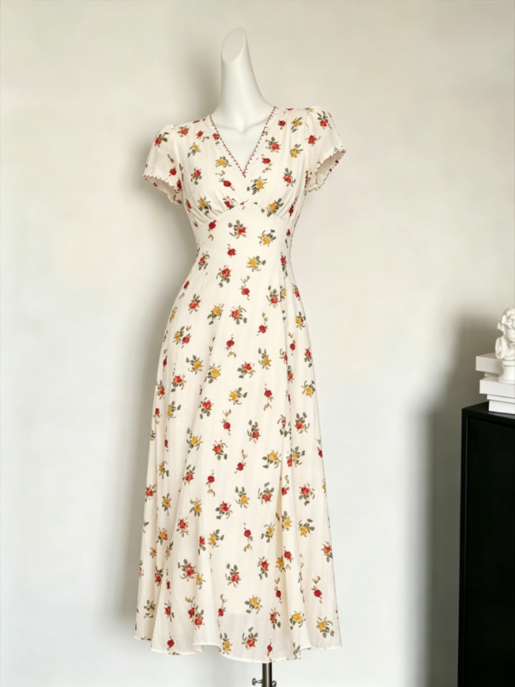 Robe mi-longue en mousseline de soie à col en V à manches bouffantes pour femmes, robe florale vintage, dentelle élégante, robe de soirée coréenne, robes d'automne pour femmes, 2024