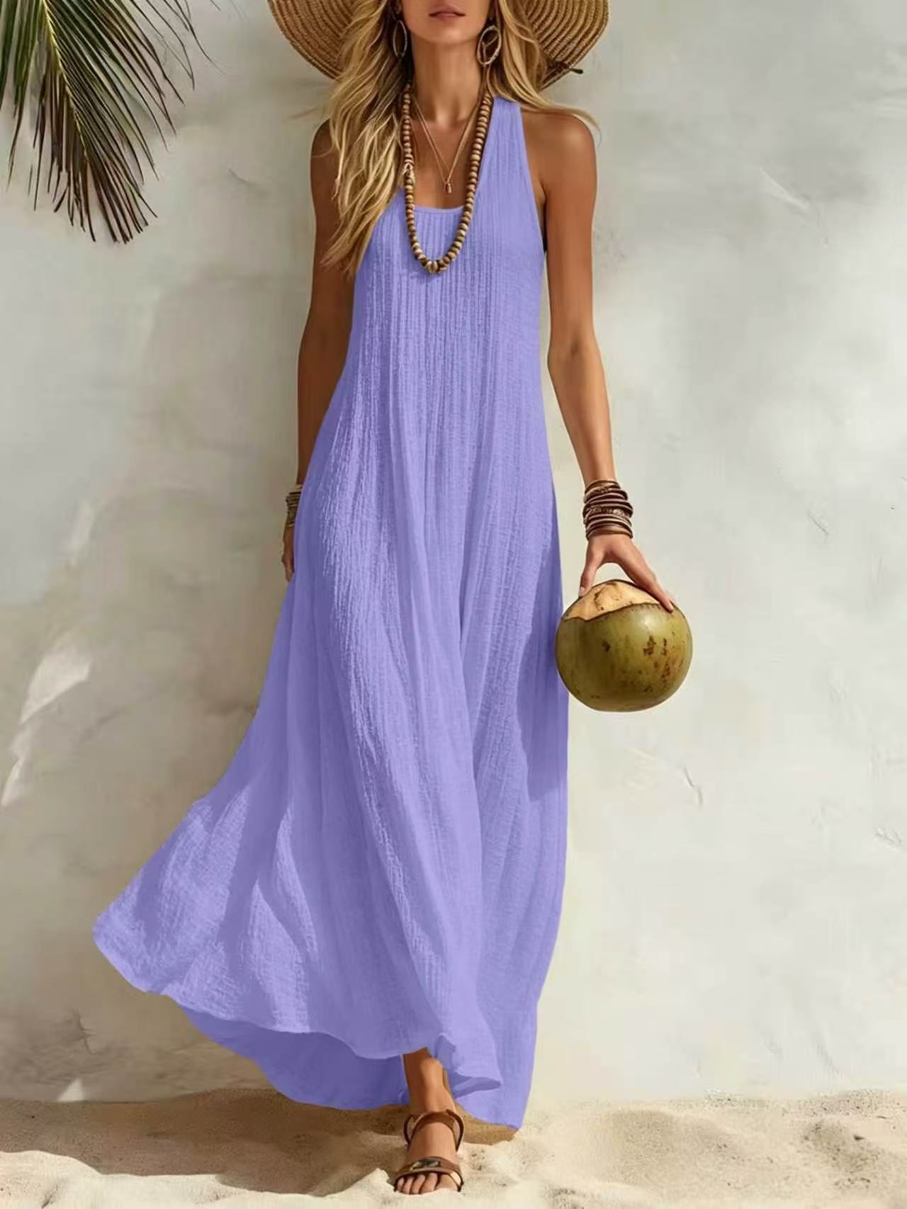 Robe longue décontractée à texture verticale, style débardeur, idéale pour la plage ou comme tenue de vacances