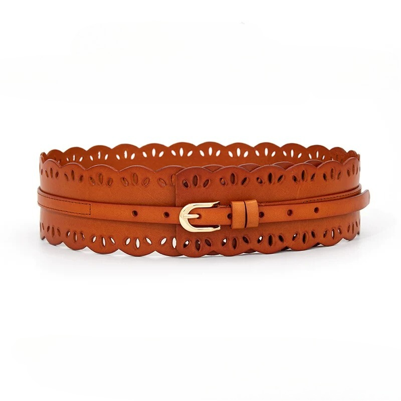 Ceinture large pour femme de 7 cm en cuir de vachette première couche, motif ajouré, boucle ardillon, accessoire de mode italien fait main
