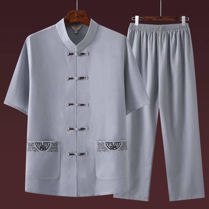 Ensemble de vêtements traditionnels chinois pour hommes, uniformes de chapelle Tai, uniformes de Kung Fu, lin, manches courtes, broderie, olympiques chinois décontractés