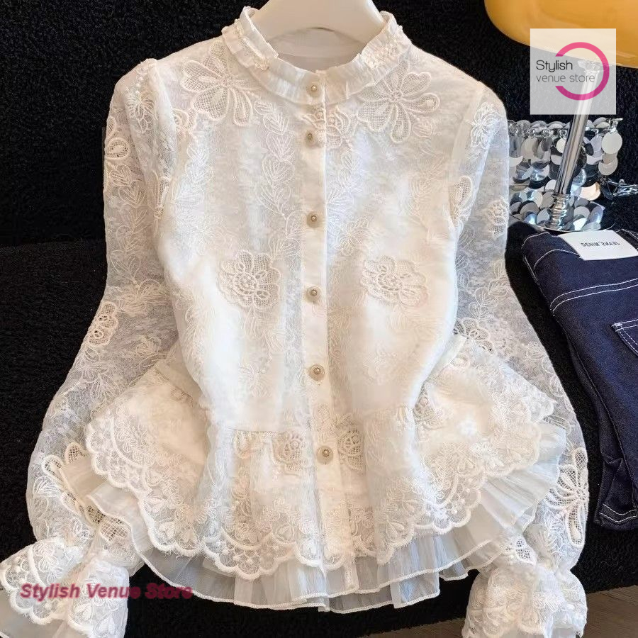 Chemise à manches longues en dentelle brodée style palais français, motif floral, nouvelle mode printemps-automne, élégante et décontractée pour femme