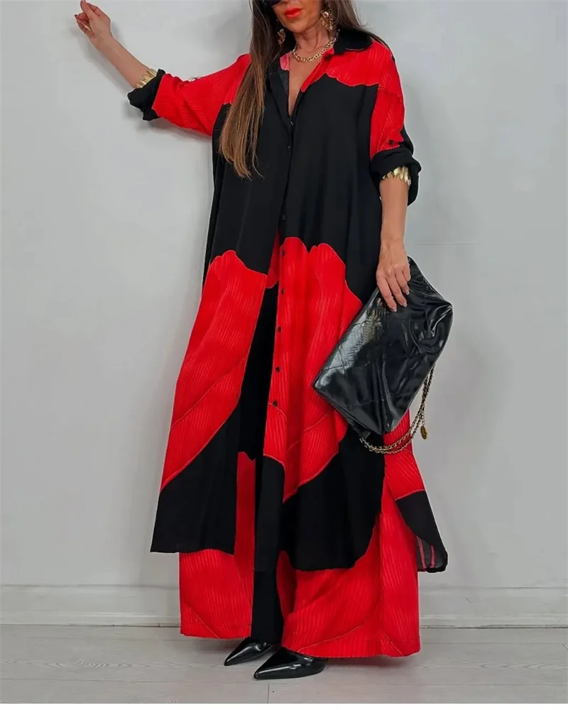 Femmes automne mode décontracté couleur bloquée chemise ample haut et pantalon deux pièces ensemble confortable pantalon droit femmes costumes 2025
