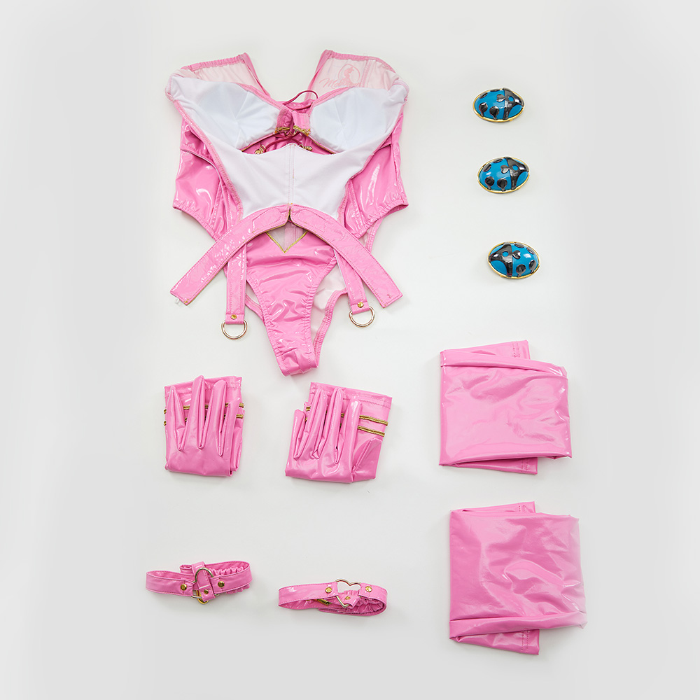 MOBBUNNY-Costume de cosplay dio pour femme, lingerie découpée en forme de cœur, costume de batterie licou avec gants, anneaux de jambe