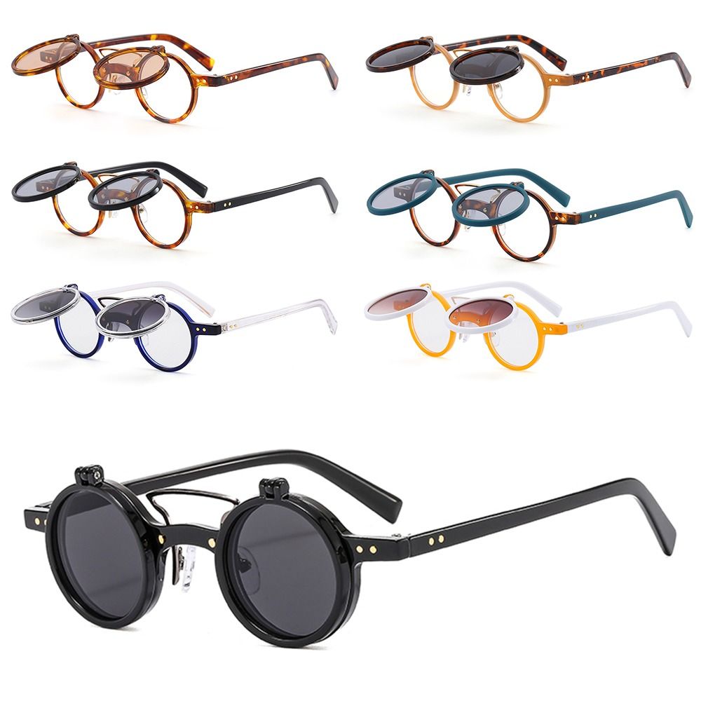 Lunettes de soleil rétro à petit cadre rond, lunettes de soleil à double couche, lentille rabattable, lunettes punk, UV400, populaire, vintage, steampunk