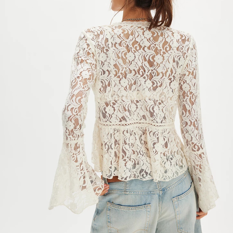 Chemisier en dentelle transparente pour femme, style bohème, à manches longues cloche, effet poncho, sexy, en maille fluide, avec ourlet à volants, type châle