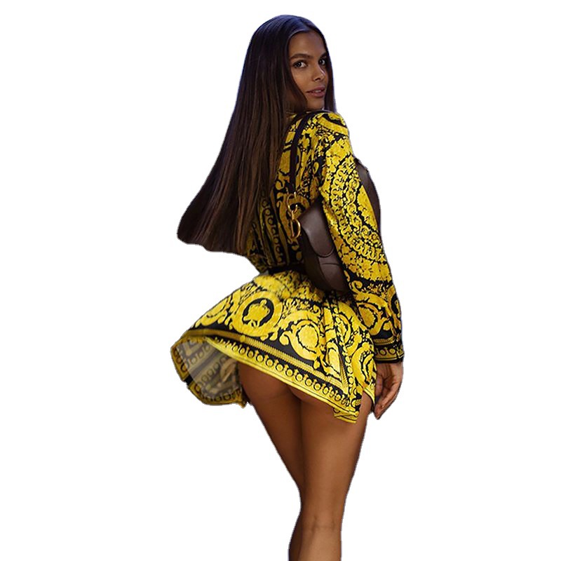 Printemps été nouvelles robes pour femmes avec Style bohème positionnement imprimé à lacets chemises à manches longues combinaisons jupes courtes