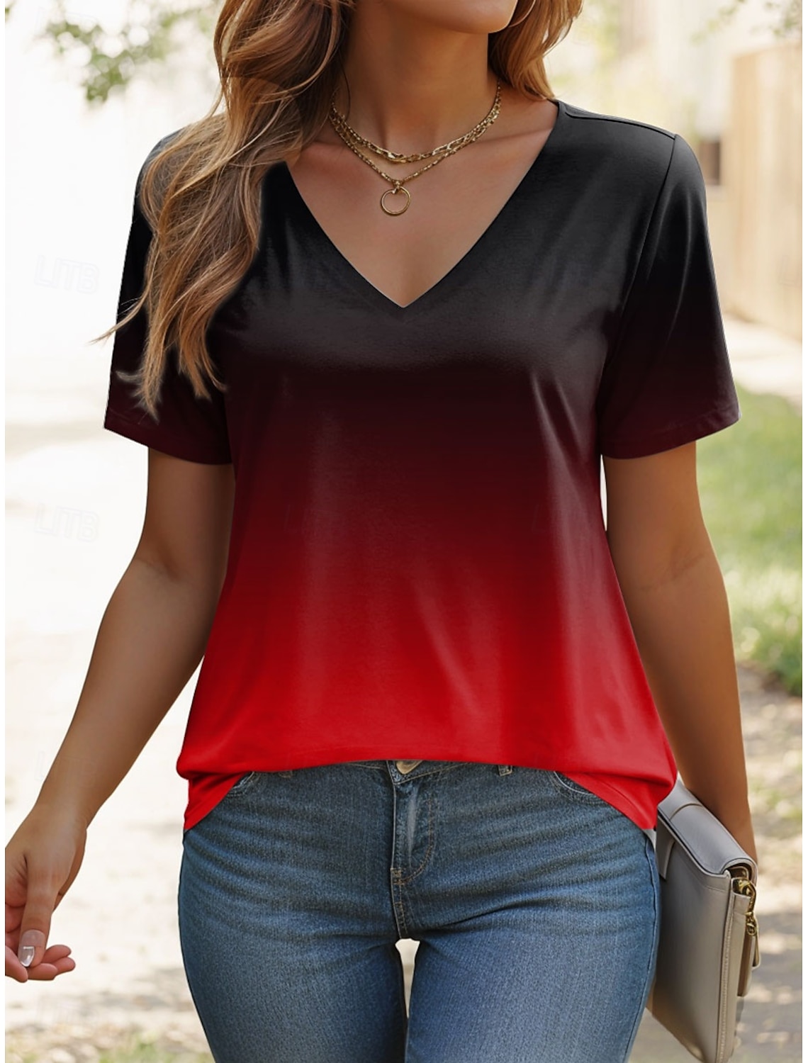 T-shirt femme Ombre graphique élégant décontracté manches courtes col en V hauts réguliers imprimé quotidien été dégradé femmes mode t-shirts
