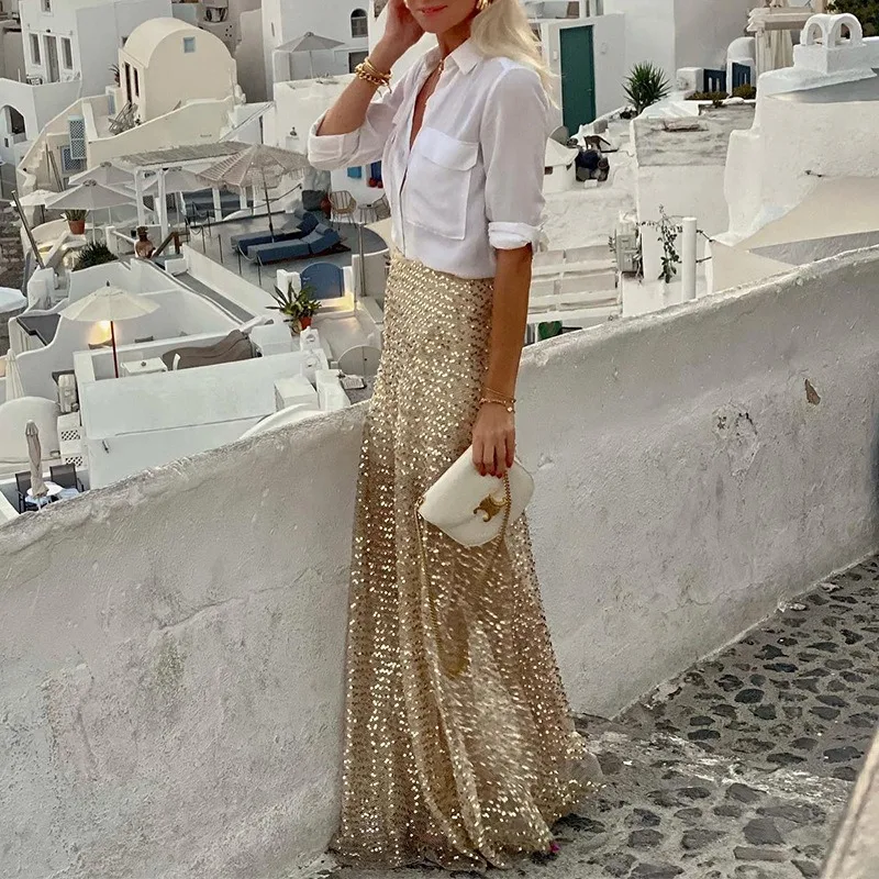 Jupes longues à paillettes pour femmes, Sexy, automne, luxe, taille haute, brillante, Maxi, fête, Club, jupes plissées élastiques