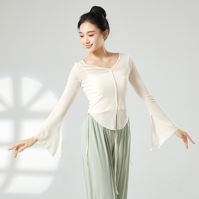 Vêtements d'entraînement de danse moderne, col en V, manches évasées fendues, hauts de tempérament, Costume d'entraînement de couleur unie pour femmes, vêtements ajustés