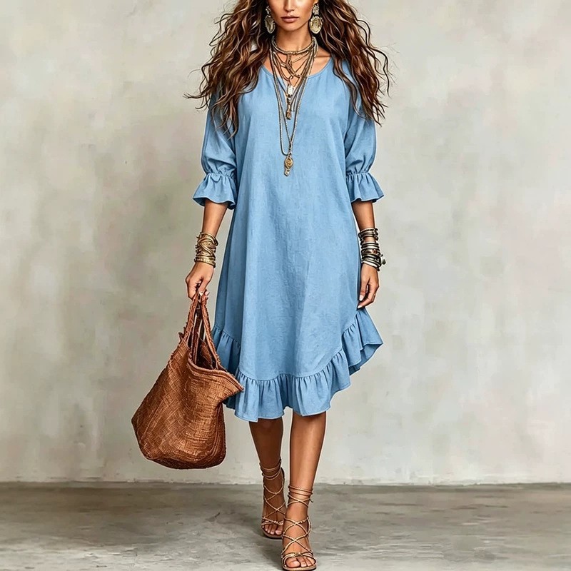 Robe élégante à col en V et manches mi-longues avec détail volanté à l'ourlet, en tissu tissé européen et américain, mode féminine 2026