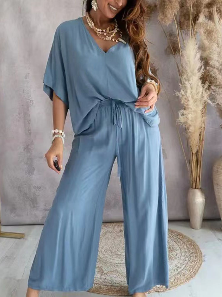 Ensemble deux pièces décontracté pour femme, pantalon à jambes larges, col en V, manches chauve-souris, tenues de documents solides, été, 2023 ensembles pantalons ensemble pantalon femme chic et élégante ensemble femme