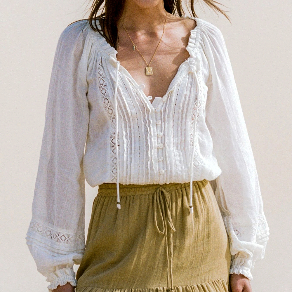 TEELYNN manches longues lanterne col en V dentelle Blouses chemises femmes haut Vintage blanc coton boho automne Blouse fête dame blusas