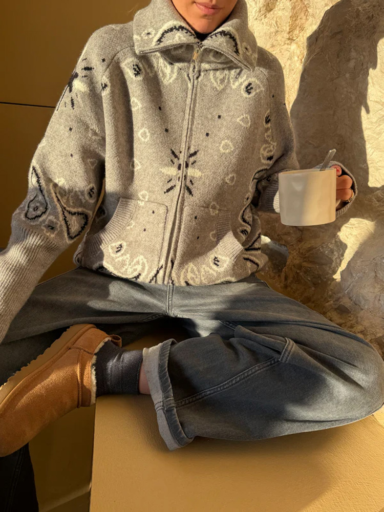 Cardigan Jacquard décontracté pour femmes, ample, col montant, poches zippées, pull assorti avec tout, tricot épais et chaud, printemps 2026