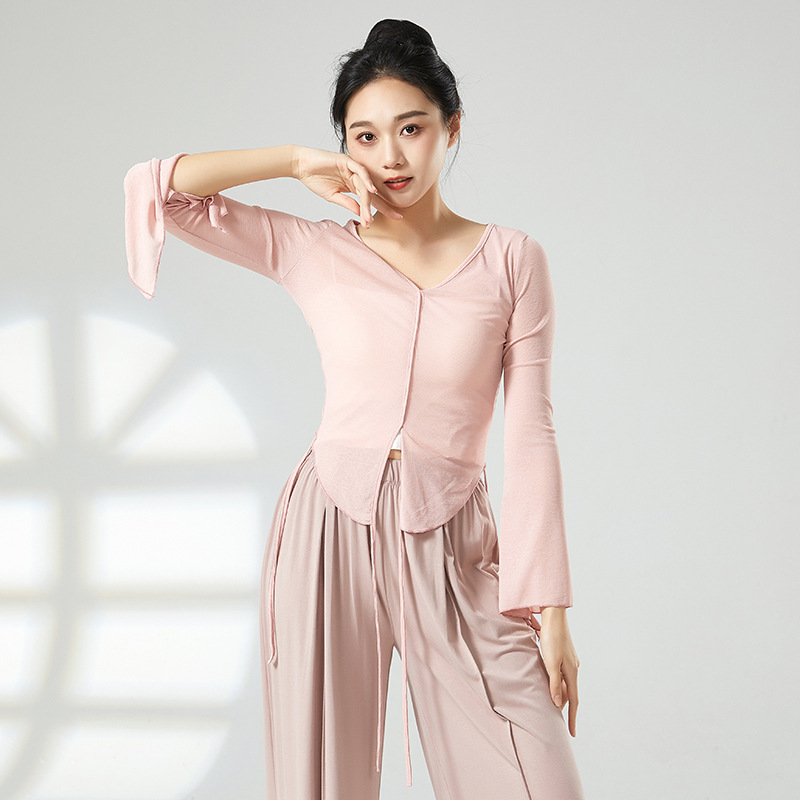 Vêtements d'entraînement de danse moderne, col en V, manches évasées fendues, hauts de tempérament, Costume d'entraînement de couleur unie pour femmes, vêtements ajustés