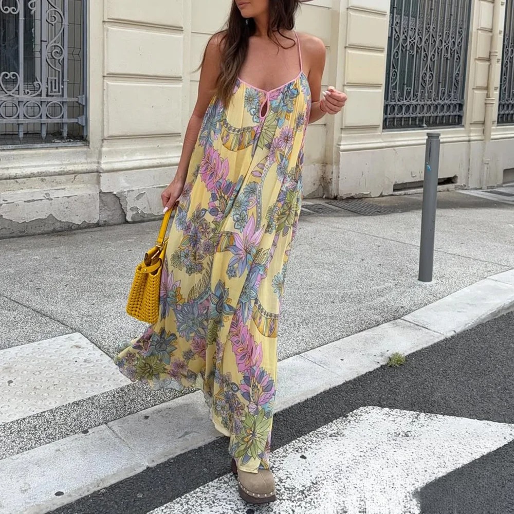 KONDALA Sexy imprimé fleuri en mousseline de soie imprimé robe ample femmes Cami robe de plage ample mode 2025 été dos nu robe féminine