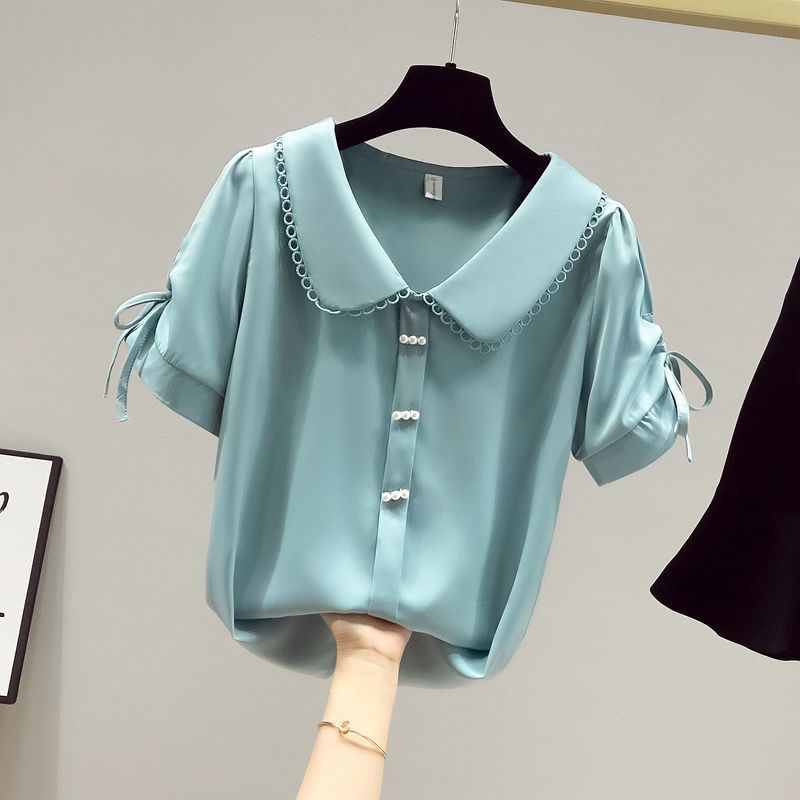 Chemise en satin pour femmes - Col Peter Pan, bouton perlé, manches courtes, poignets à nouer