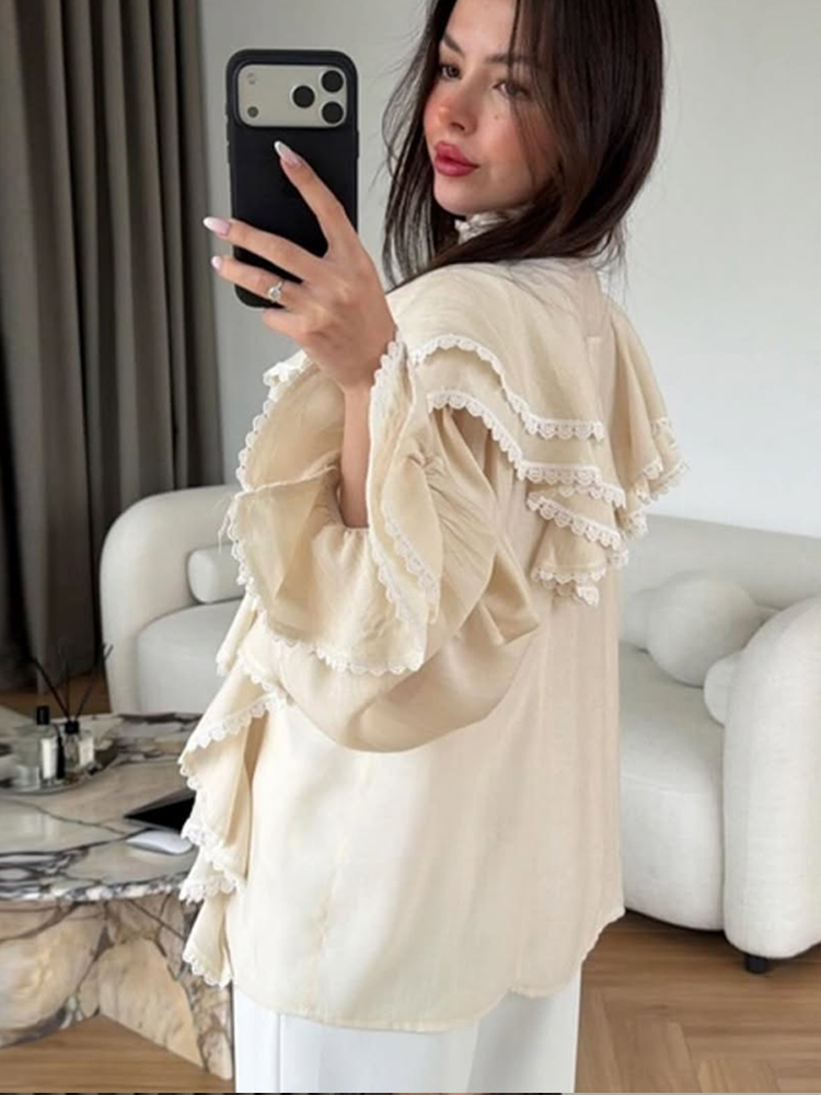 Chemisier à volants en dentelle et manches bouffantes pour femme, col noué, boutonné, coupe ajustée, style peplum élégant, style français 2026