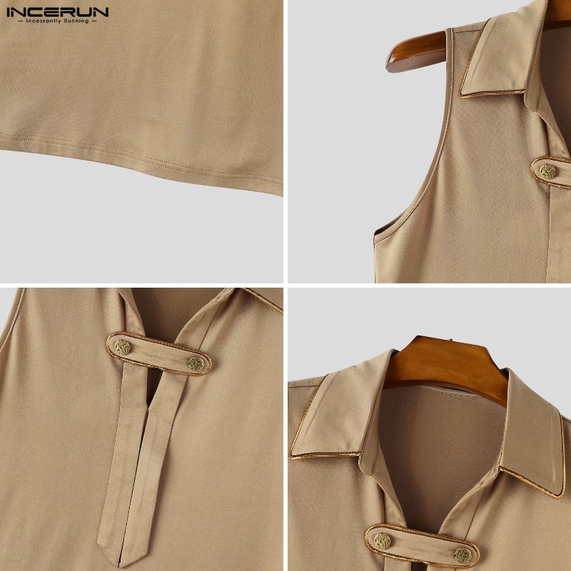 INCERUN Débardeurs Homme Patchwork Col Revers Sans Manches Boutons Décontractés Gilets Masculins Streetwear Mode Été 2026 Vêtements Homme S-3XL