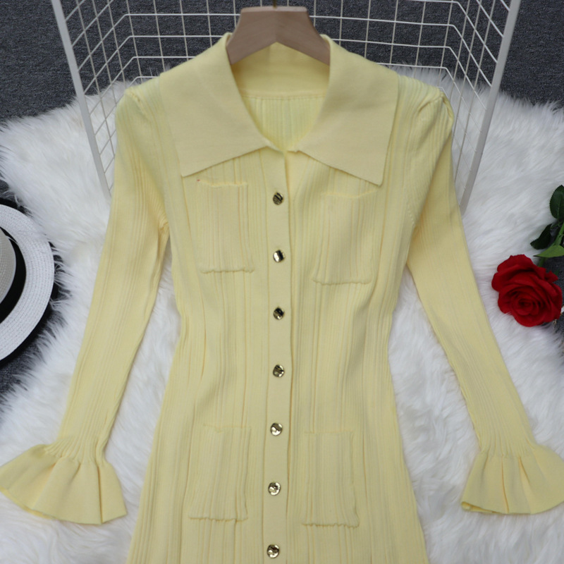 Robe tricotée d'hiver pour femmes, manches longues, volants, simple boutonnage, robes longues de fête, pull à la mode, nouvelle collection 2025