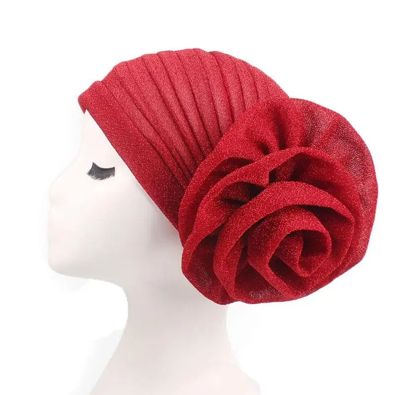 Femmes musulmanes grande fleur Turban chapeau plissé paillettes bonnets miroitant Bonnet perte de cheveux foulard africain chapeaux chimio casquette Skullie