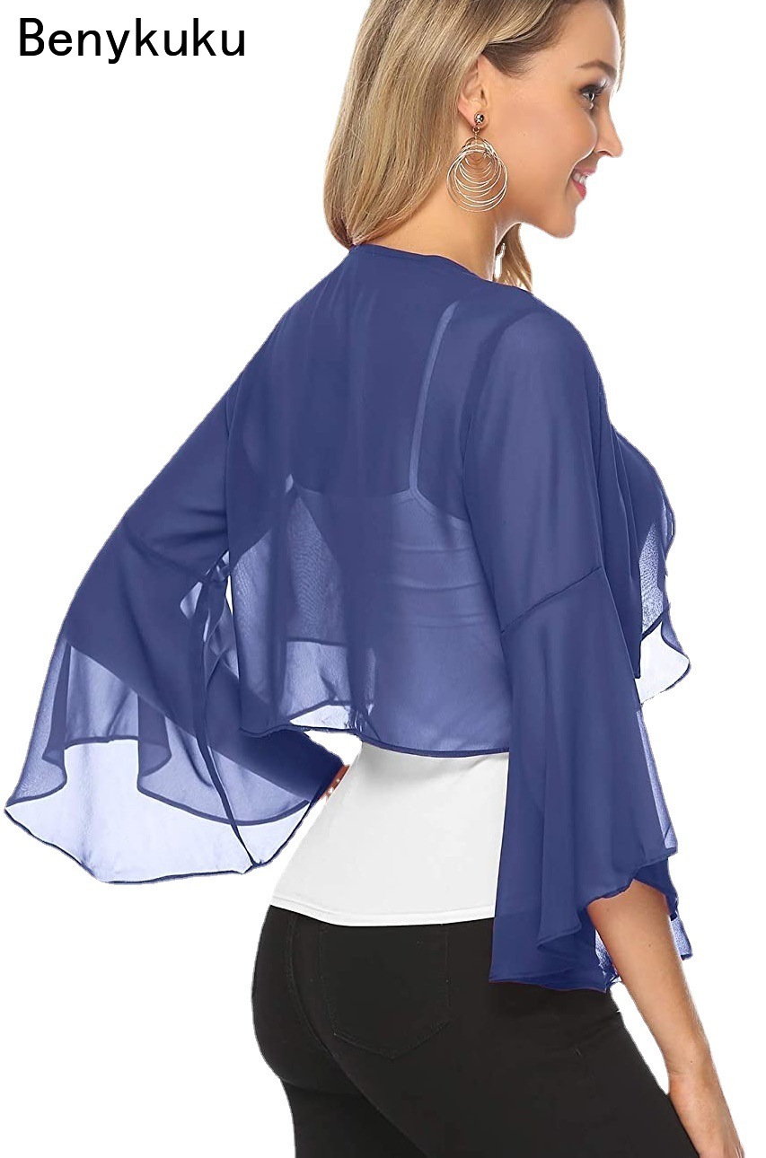 Cardigan en mousseline de soie pour femmes, veste de fête de mariage, robe de patients, couvertures, enveloppes, haut court, volants, manches évasées, châle, été