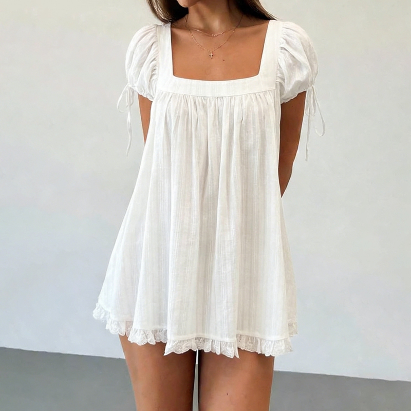 Robe de maternité bohème à manches bouffantes pour femme, col carré, coupe trapèze, mini-robe à volants, style féerique vintage, coupe ample et fluide