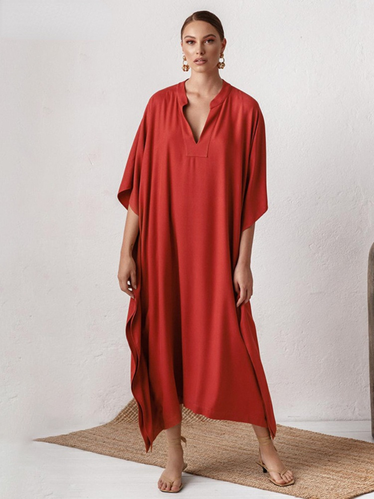 Robe longue de plage ample, Cover-Up pour les maillots de bain, Kaftan, tunique de plage, couleur unie, col en V, élégante, été