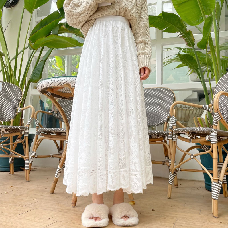 Jupes longues Maxi pour femmes printemps été coréen mignon Style princesse élastique taille haute a-ligne jupe en dentelle florale blanc noir