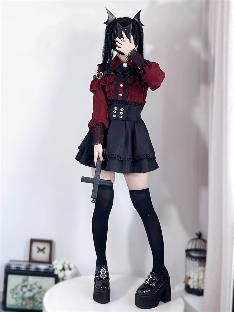 Jirai kei tenue Lolita filles chemise jupe ensemble femmes Kawaii nœud à manches longues Y2K décontracté esthétique chemise Style japonais femmes