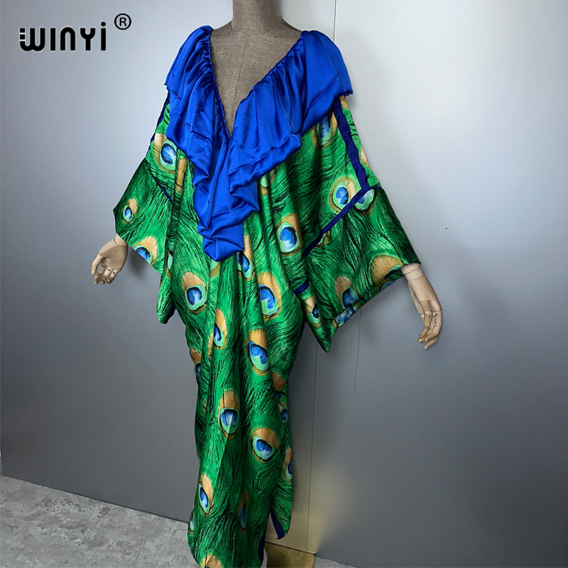 WINYI Robe Sexy Bohème à Décolleté Profond, Abaya Musulmane, Robe de Plage pour Femme, Vêtements de Plage, Kaftan Abaya de Luxe Dubaï