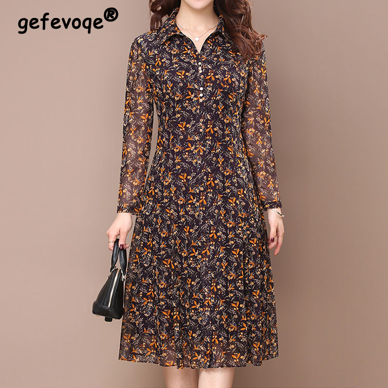 Robe mi-longue à manches longues pour femmes, imprimé Floral, col rabattu, élégant, vêtements d'été, Slim, décontracté, boutons