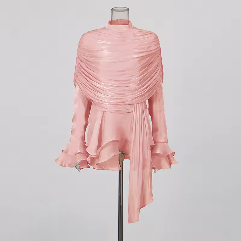 GALCAUR Robe unie ample à volants pour femme, col rond, manches longues, patchwork, fermeture éclair, robes élégantes, nouvelle collection mode féminine