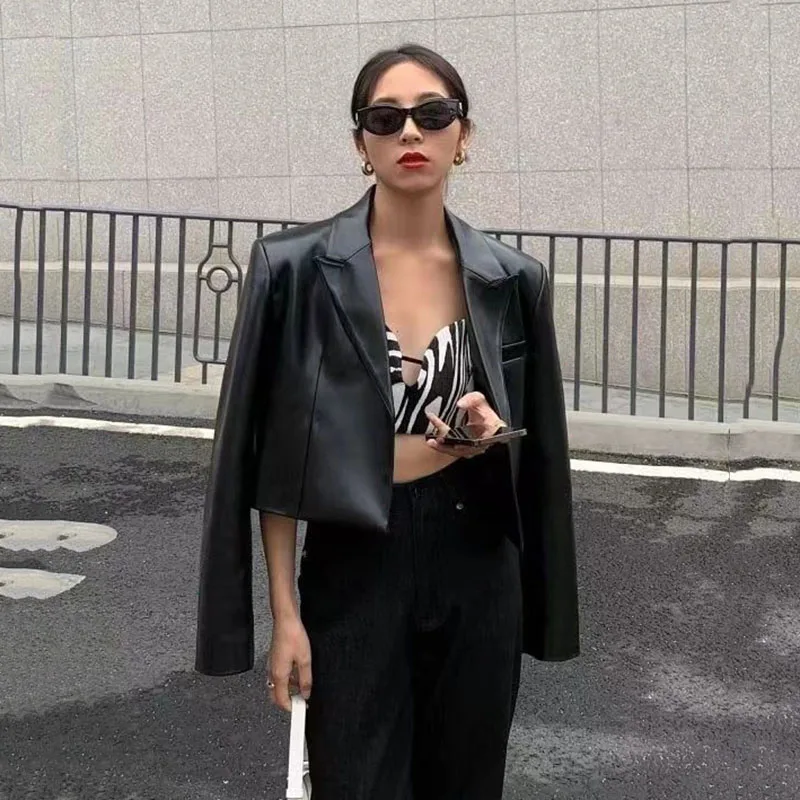 FANAN femmes veste en cuir Vintage américain rue revers court noir PU Biker manteaux femme 2025 automne mode culture hauts manteaux