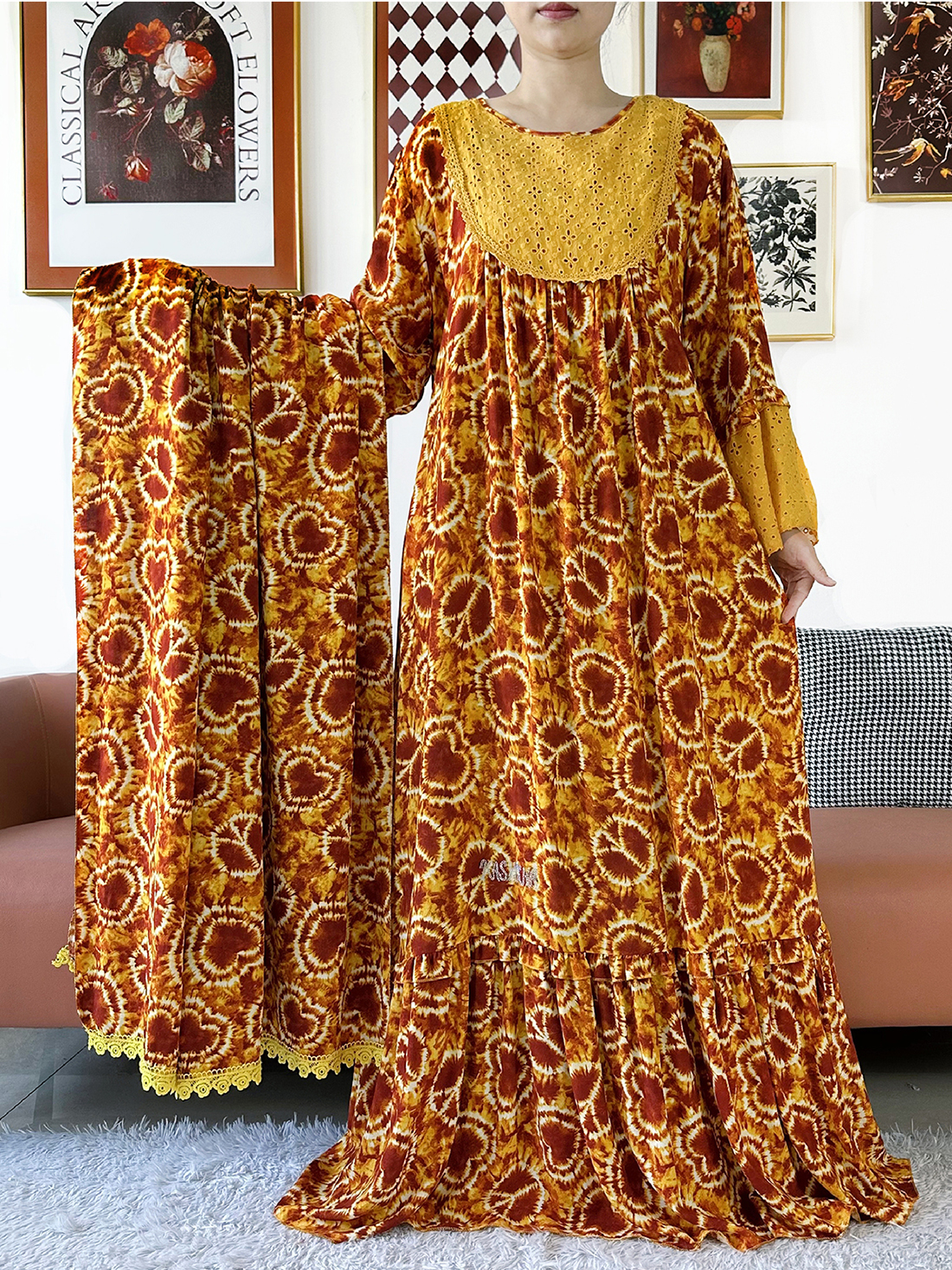 Robe ample musulmane Ramadan 2026 style africain Boubou KASHKHA en dentelle et coton brodé avec grand foulard brodé – Robe longue